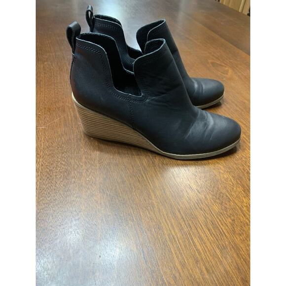 Black Neutral Leather Wedge Ankle Booties Women 11 Preppy Fall Festival Boho - Picture 4 of 8